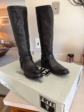 Frye Black Leather Over-the-Knee Harness Boots